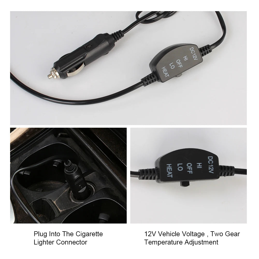 Close-up of the 12V Heated Car Seat Cushion's cigarette lighter plug and temperature control switch