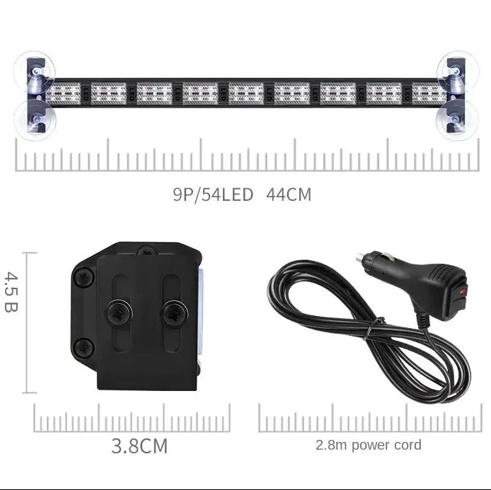 LED Bumper Strobe Light Strip 44 cm bar with 54 LEDs, mounting bracket and 2.8 m cigarette lighter power cord with dimensions