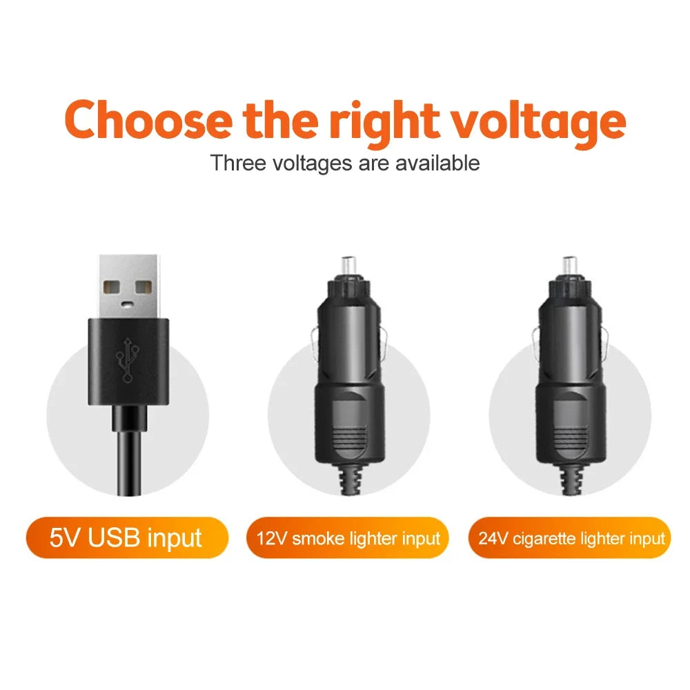 Triple-Head Dashboard Car Fan power options: 5V USB, 12V and 24V cigarette lighter plugs