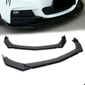 Gloss black front bumper lip kit fitted to a white sedan's front bumper, shown above the two-piece lip splitter set displayed separately on a plain white background