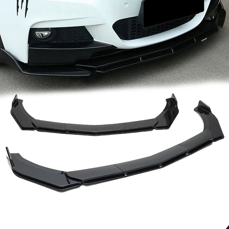 Gloss black front bumper lip kit fitted to a white sedan's front bumper, shown above the two-piece lip splitter set displayed separately on a plain white background
