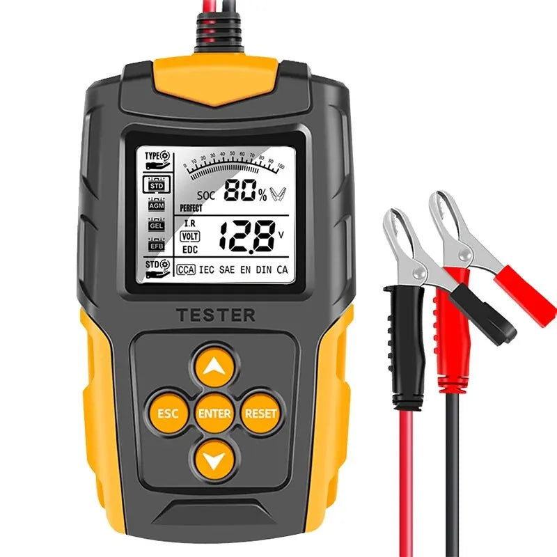 LCD Battery Health Analyser in black and yellow with digital screen showing 80% charge and 12.8 V, with red and black clamps