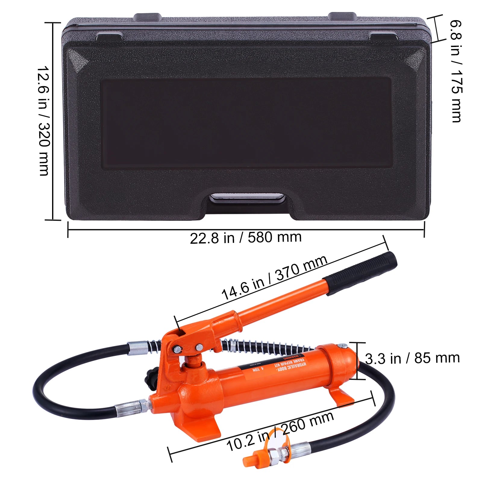 Product specification diagram of the smaller Hydraulic Porta Power Kit carry case with dimensions