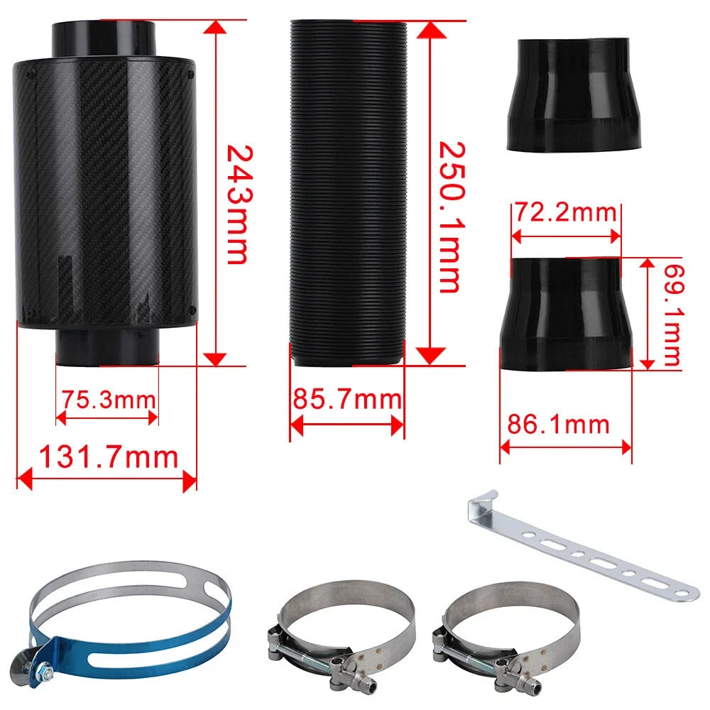 Dimension diagram of the Carbon Fibre Cold Air Intake filter, ducting hose and couplers showing size measurements in millimetres