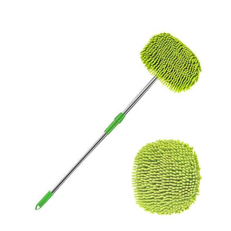 Green microfiber mop with two cleaning heads on a white background