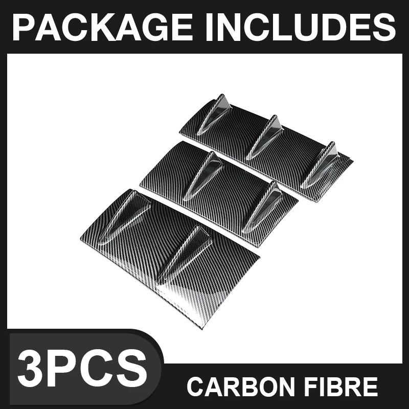 Package includes graphic showing a three piece carbon fibre textured shark fin diffuser set on a white background
