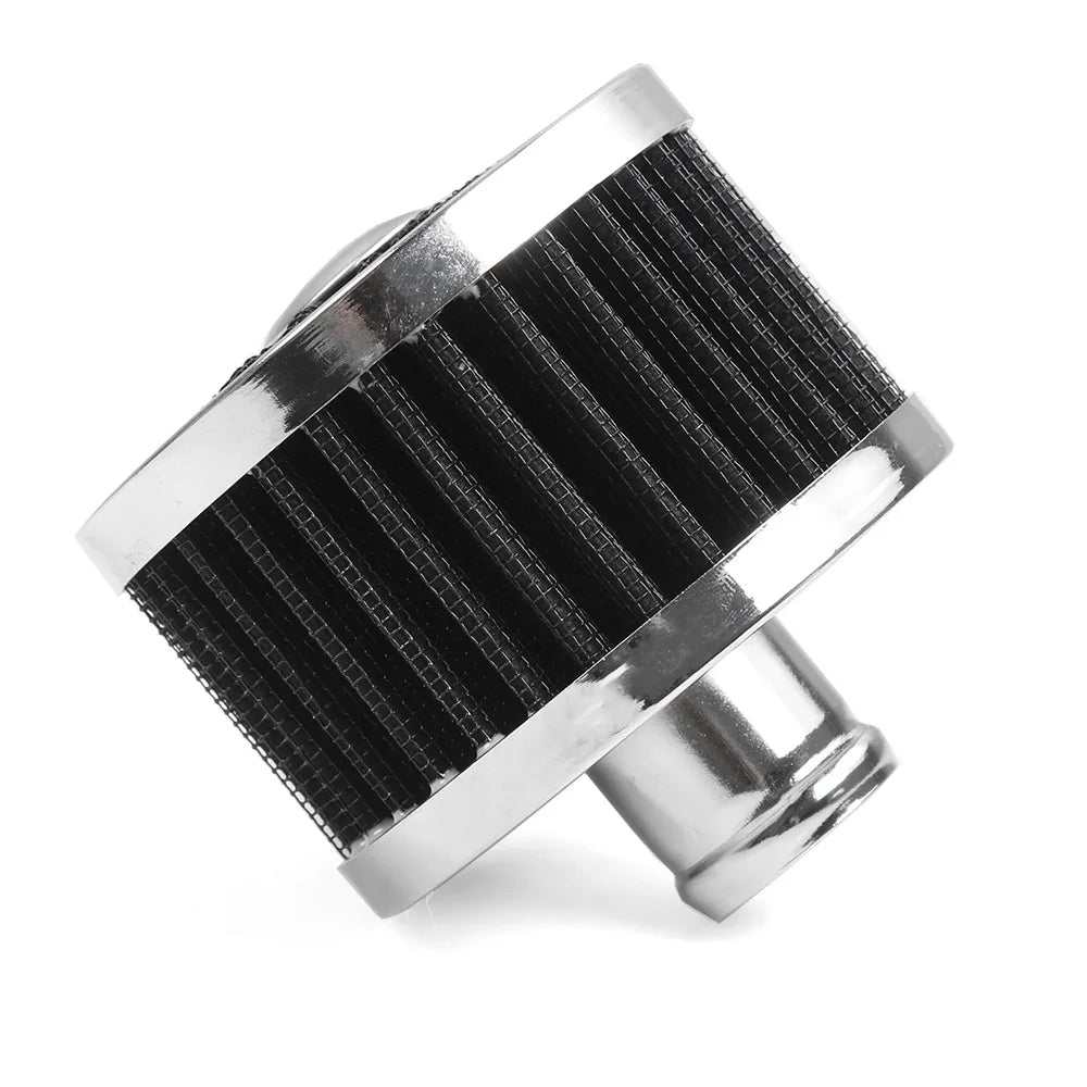 Stealth Black cone air breather filter with chrome trim and washable mesh element, studio product photo on a white background