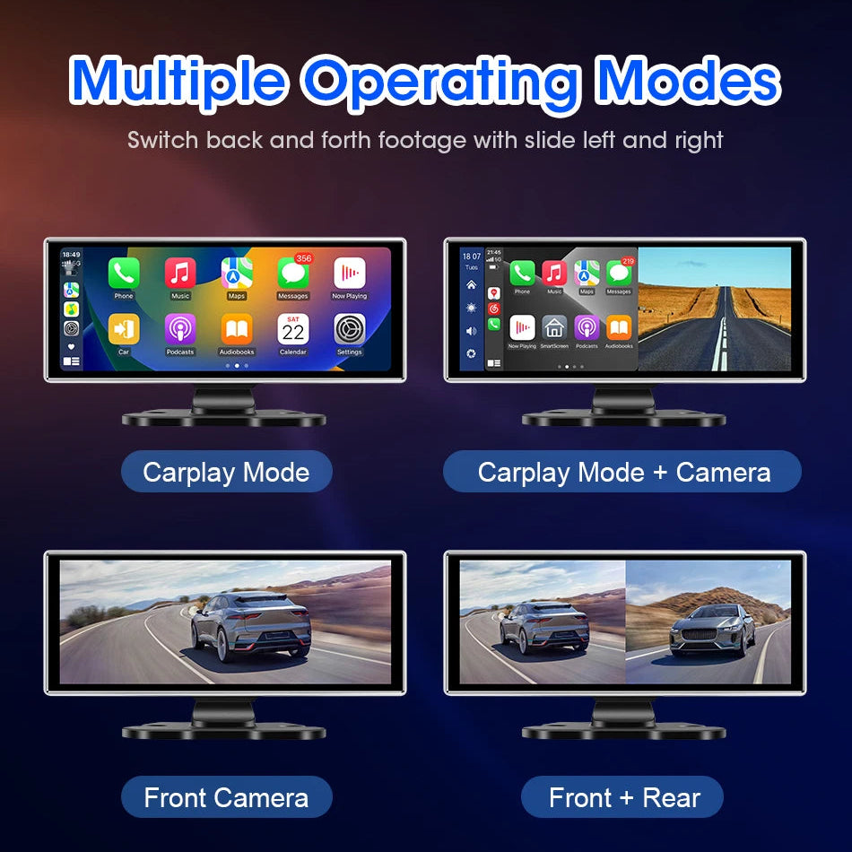 Wireless CarPlay Dash Cam multiple operating modes chart showing CarPlay only mode, CarPlay with camera, front camera view and combined front and rear camera view.