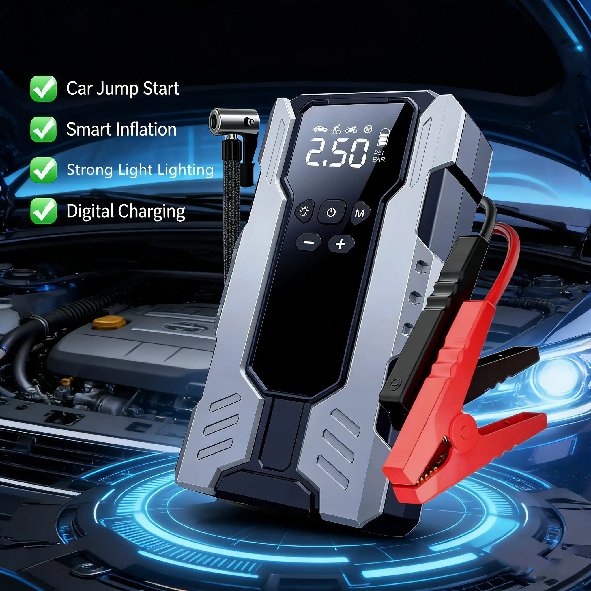 A portable digital car jump starter and battery charger with red and black clamps, shown in front of a car engine bay with glowing blue graphic effects and feature text on the left.