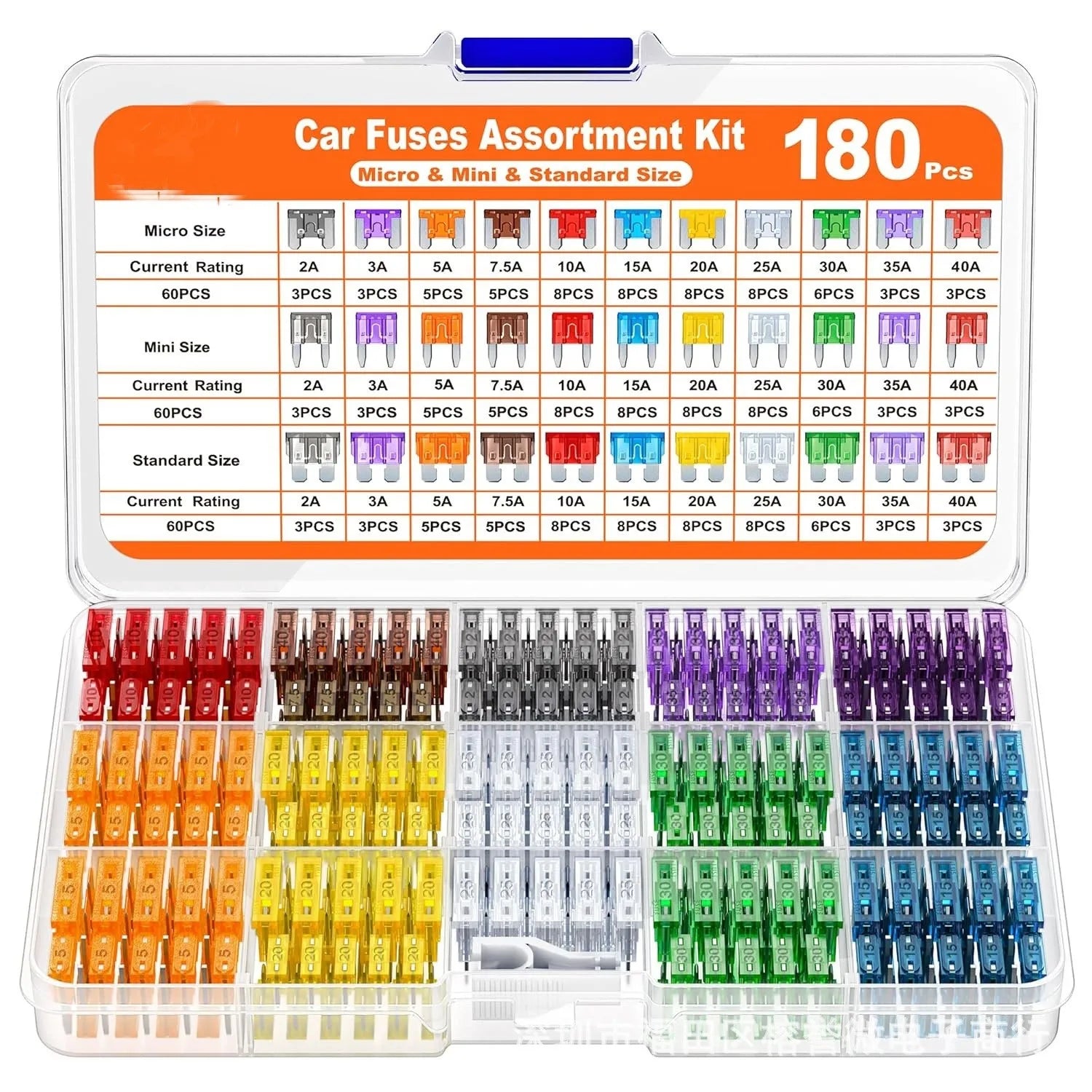 Automotive Blade Fuse Assortment Kit 180 piece pack infographic showing amperage colour chart.
