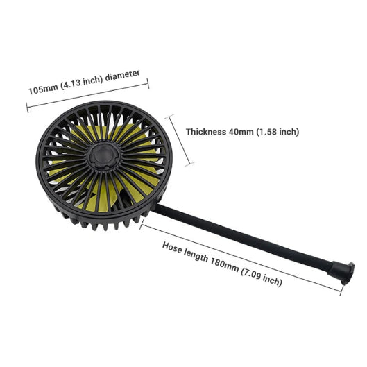 Rear Seat Car Fan dimension diagram showing 105 mm diameter, 40 mm thickness and 180 mm hose length