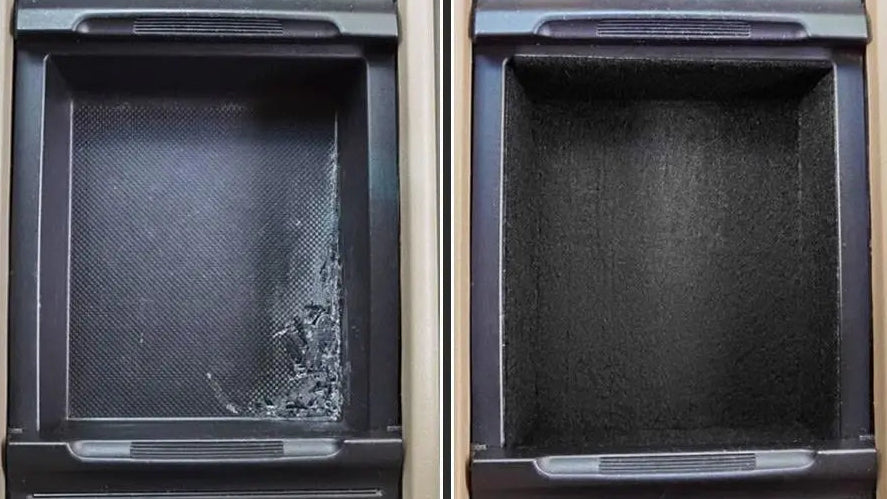 Before and after comparison of a black rectangular storage bin or drawer interior, showing a damaged, scratched surface on the left labeled 'Before' and a clean, textured black interior on the right labeled 'After'. Text at the top reads 'Good wear resistance, shockproof and sound insulation'.