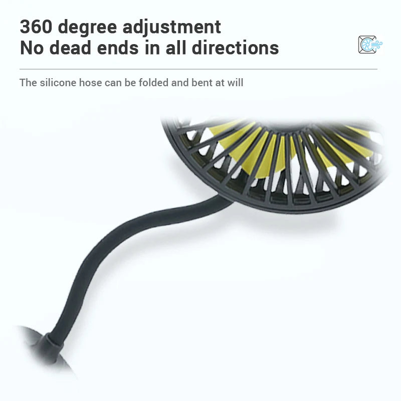 Close-up of the Rear Seat Car Fan flexible silicone gooseneck hose bent to direct airflow