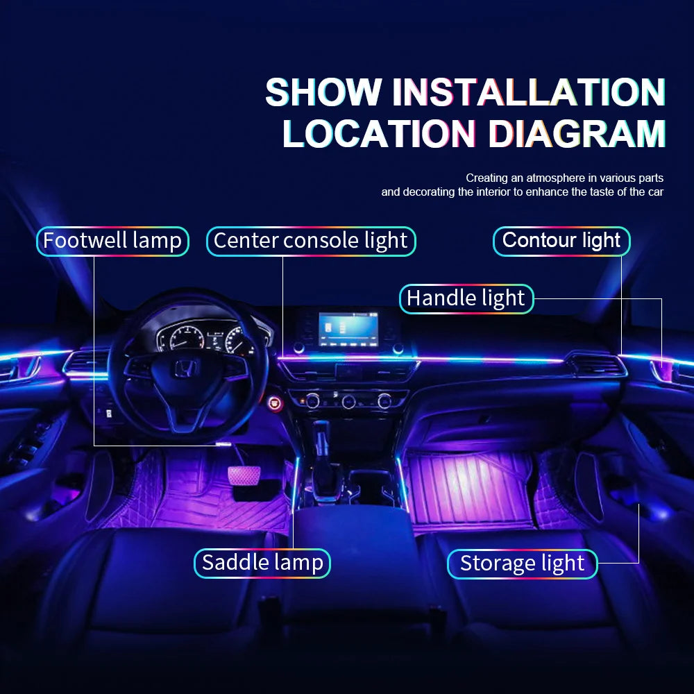 Dual-Zone Ambient Light Kit installation diagram showing footwell, centre console, contour, handle and storage lights