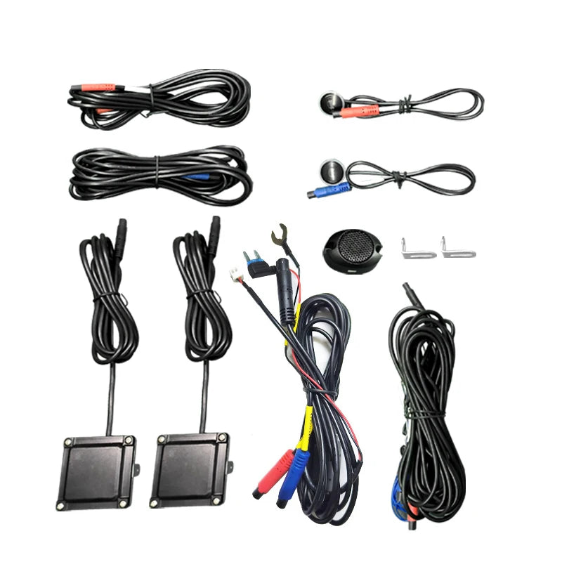 Blind Spot Monitor kit including radar sensors, wiring harnesses, indicator lights and mounting brackets