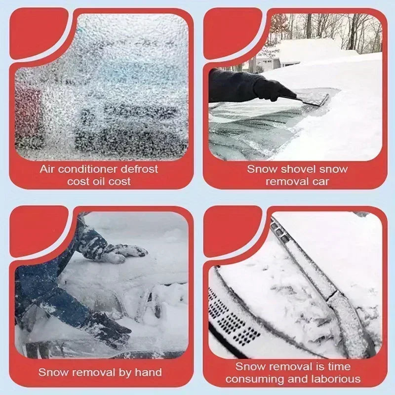 Four-panel graphic illustrating common winter car problems solved by the Magnetic Windscreen Frost Cover, including air-conditioner defrosting cost, snow shovelling, hand scraping and frozen wiper blades