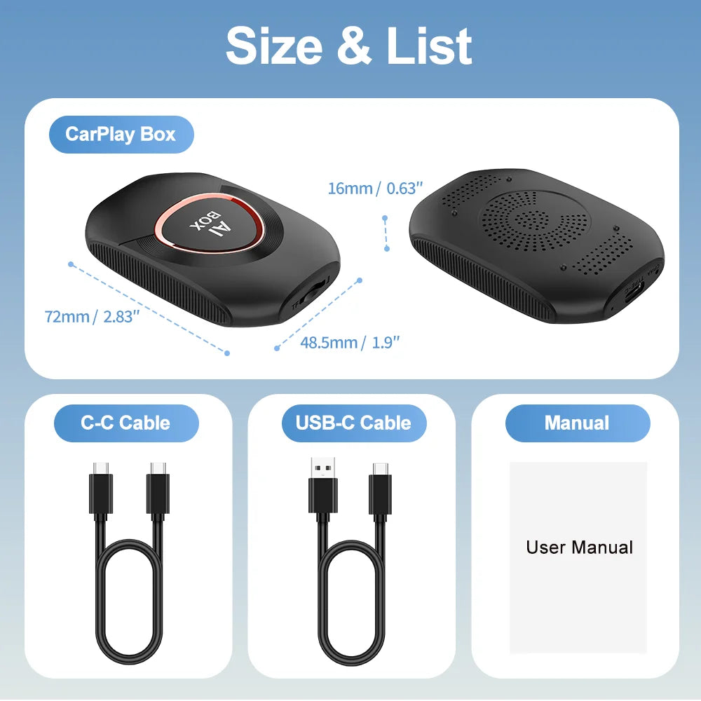 Wireless CarPlay AI Box package contents including USB-C cables and user manual