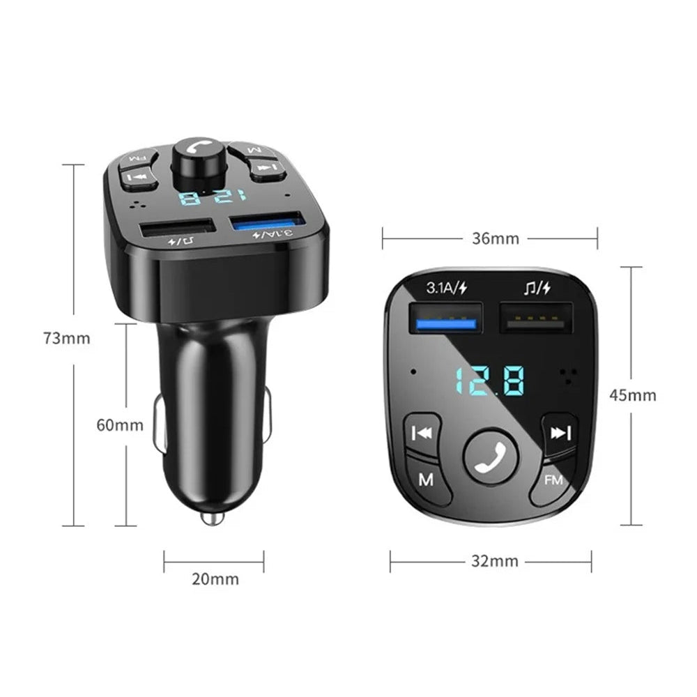 Voltmeter Bluetooth FM Transmitter dimensions: 73 mm tall, 36 mm wide, 45 mm face height and 20 mm plug