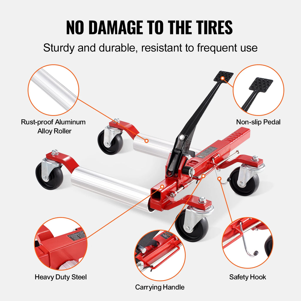 Ratchet Wheel Dolly feature diagram labelling aluminium alloy rollers, non-slip pedal, heavy duty steel frame, carry handle and safety hook
