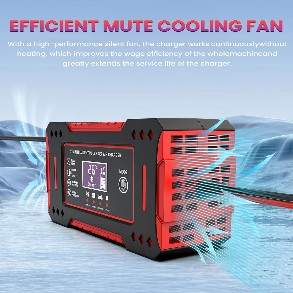 Smart battery charger with an efficient mute cooling fan illustrated blowing air through its side vents