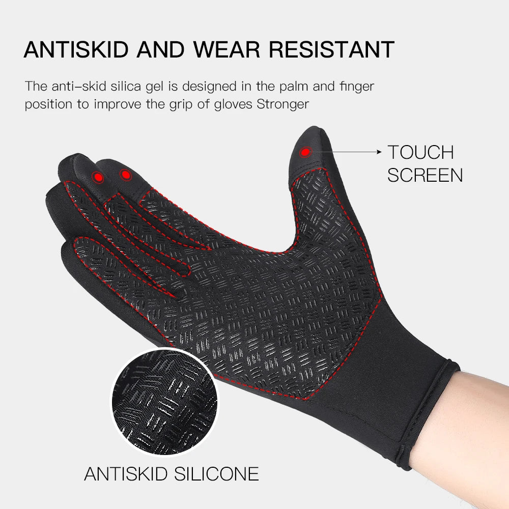 Close-up of the winter glove's palm showing red-stitched anti-skid silicone grip panels and reinforced touchscreen fingertips.