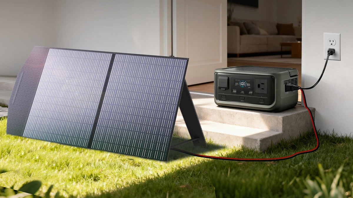 Solar panel and power station with text about 300W ultra-fast charging capabilities.