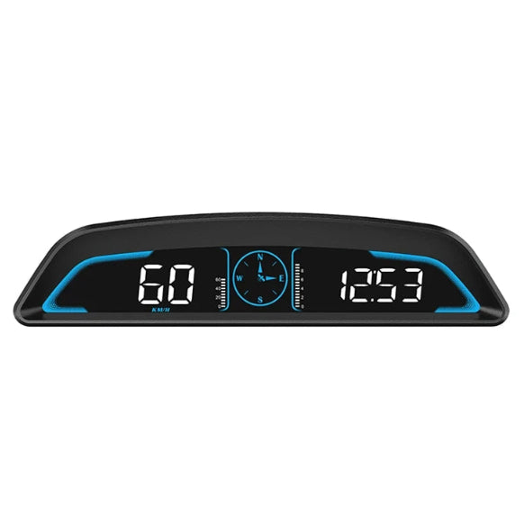 GPS Head-Up Display G3 unit on a white background showing speed at 60 km/h, a compass and 12:53 clock