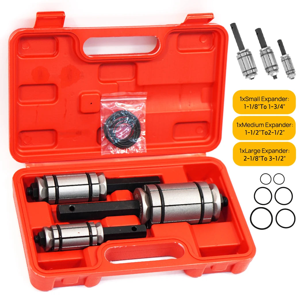 Exhaust Pipe Expander Set with small, medium and large expander tools in a red carry case