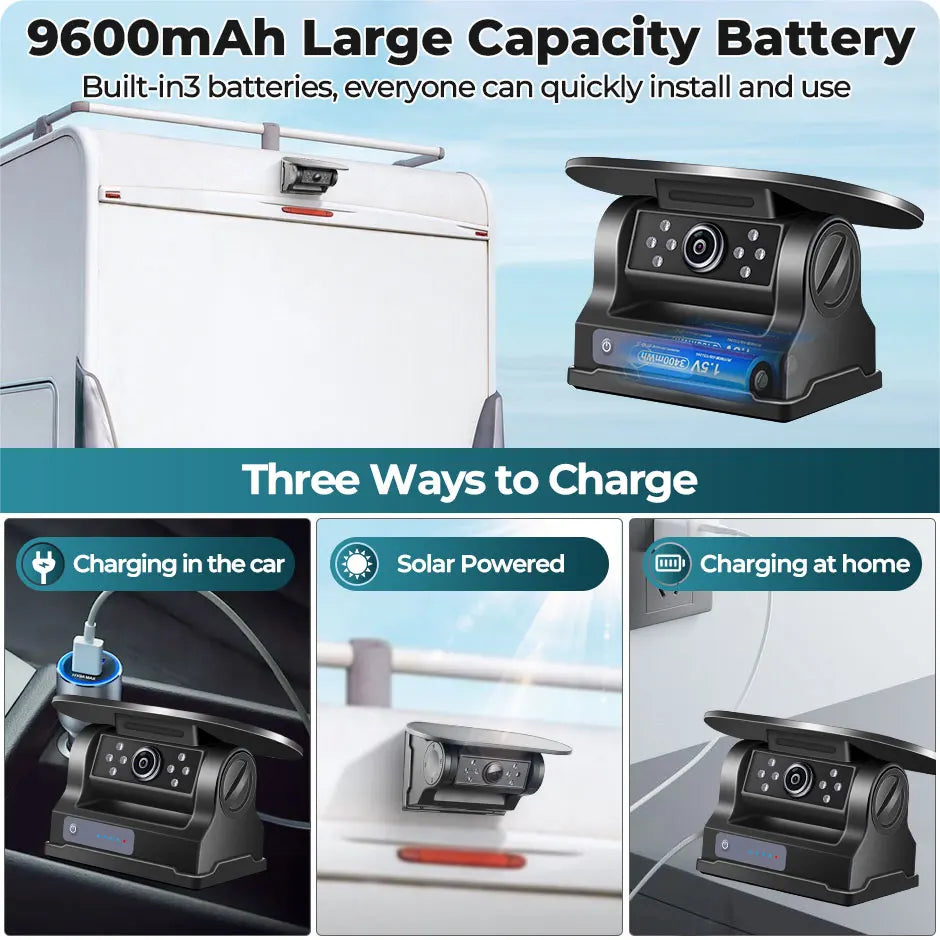 Touchscreen DVR Reversing Camera rechargeable battery camera with car, solar and home charging options