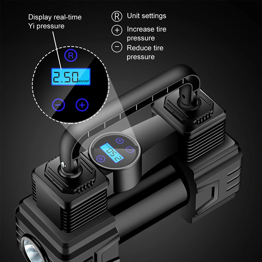 Twin-Cylinder Digital Air Compressor digital display close-up with unit, increase and decrease tyre pressure buttons