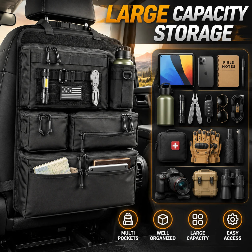 Black Tactical Seat Back Organiser on a vehicle seat beside a grid of gear it holds, including tablet, phone, first aid kit and gloves