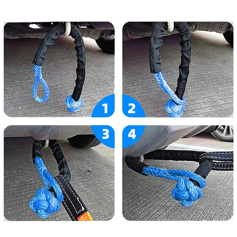 Four-step sequence showing how to loop a soft shackle recovery rope under a vehicle recovery point