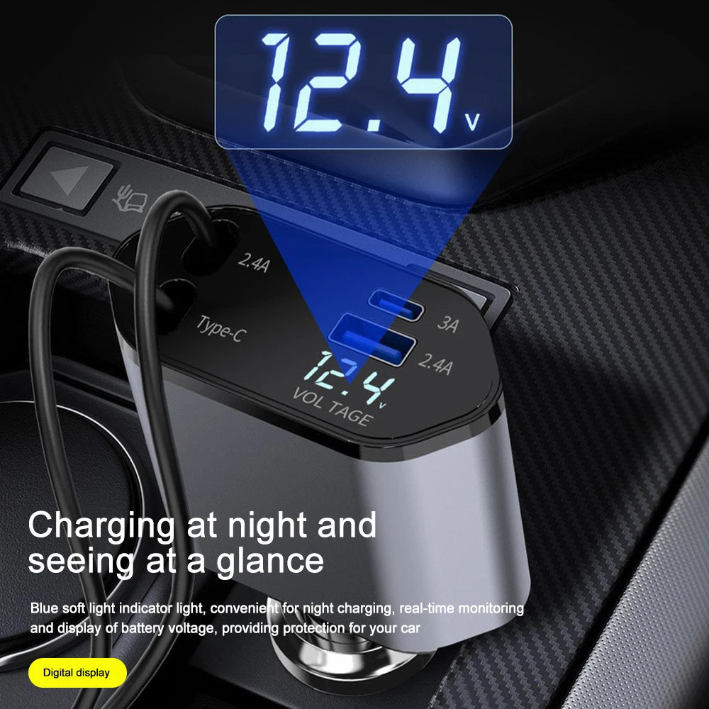 4-in-1 Retractable Car Charger digital voltage display glowing blue on a car dashboard at night for easy reading.