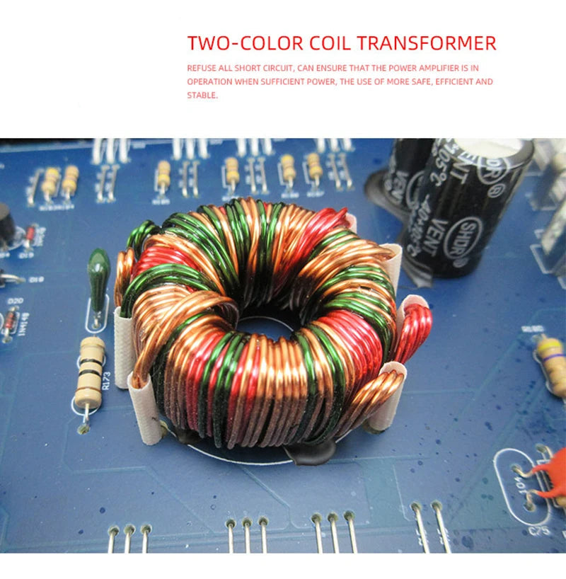 Close-up of the 4-Channel Car Amplifier's internal two-colour coil transformer on its circuit board for stable power delivery