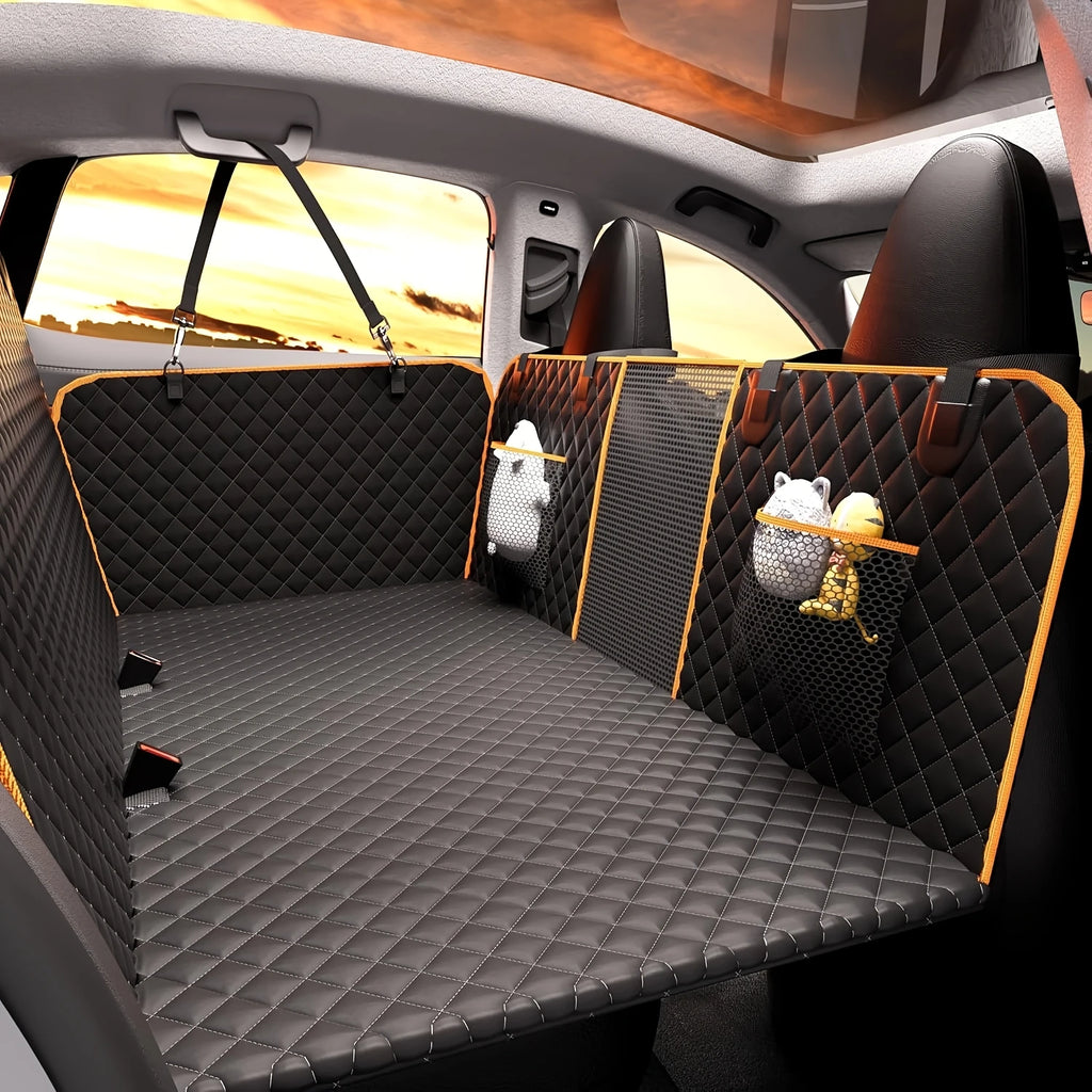 Heavy-Duty Dog Seat Extender installed across a car back seat, quilted flat platform with mesh side windows and storage pockets