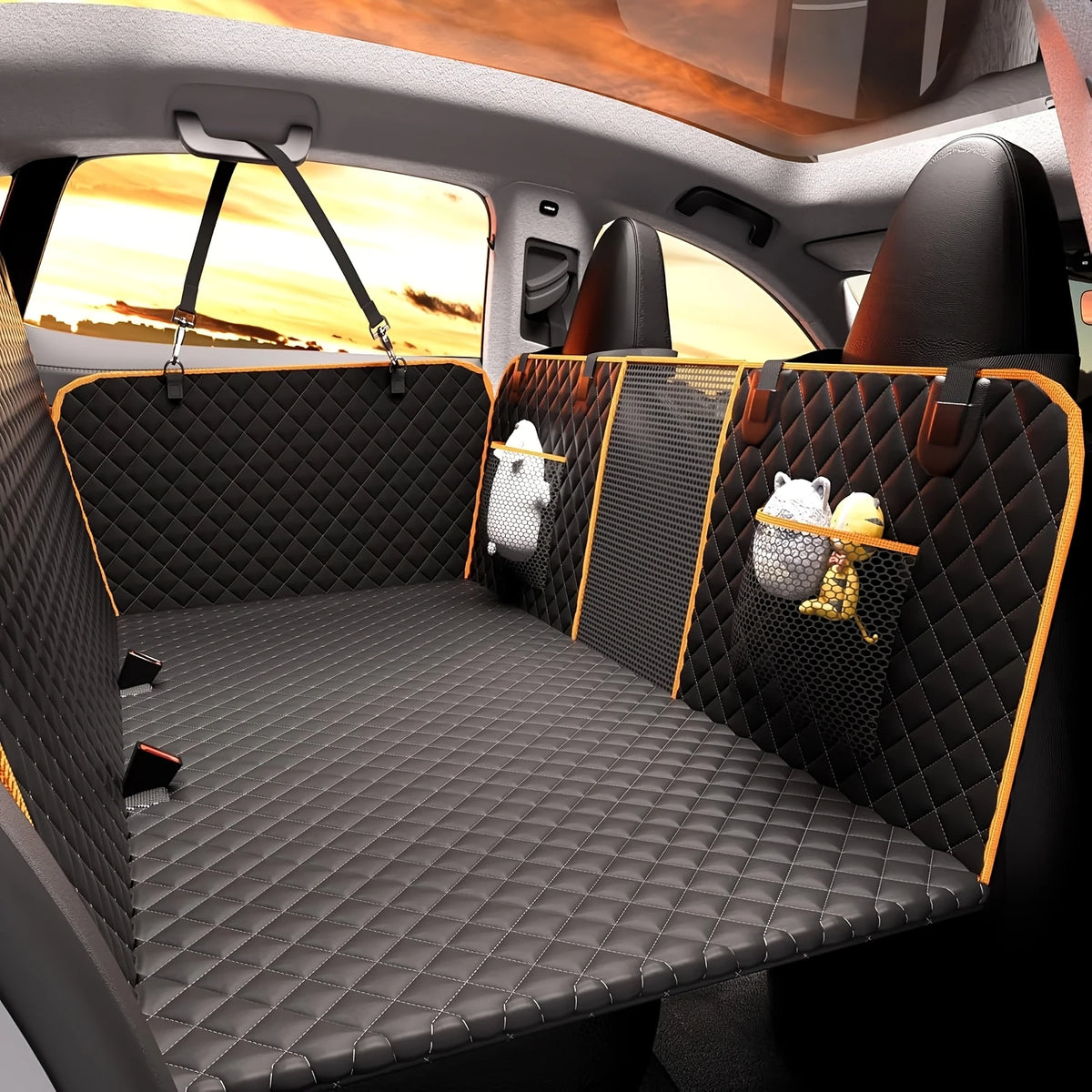 Heavy-Duty Dog Seat Extender installed across a car back seat, quilted flat platform with mesh side windows and storage pockets