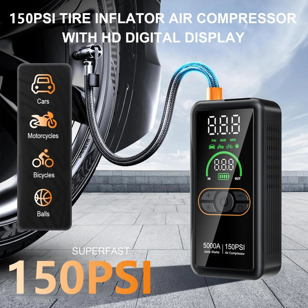 Pro Jump Starter & Inflator 150 PSI tyre inflator with braided air hose attached to a car tyre valve