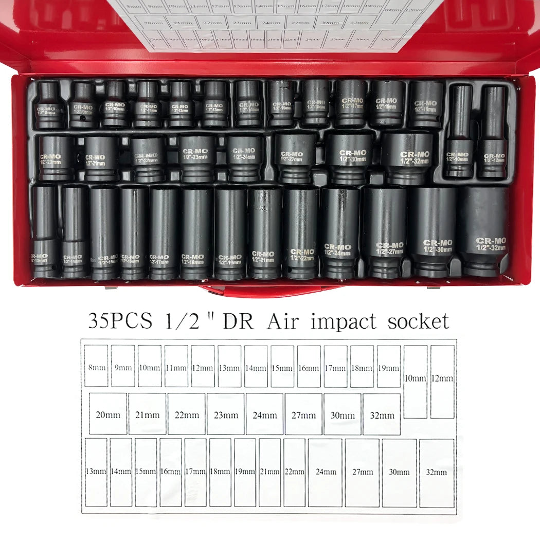 Overhead view of the 35-piece Impact Socket Set fully packed into its red carry case with a size reference chart