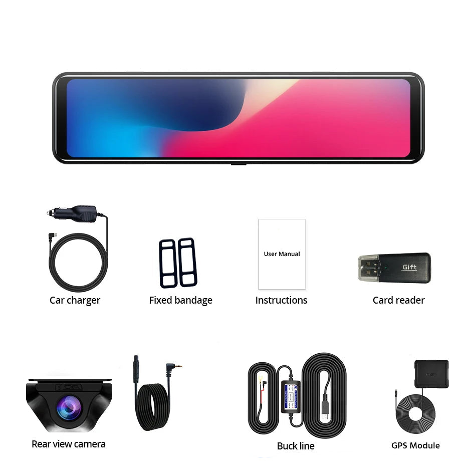 11-Inch 4K Mirror Dash Cam package contents with rear camera, car charger, GPS module, hardwire kit, card reader and straps