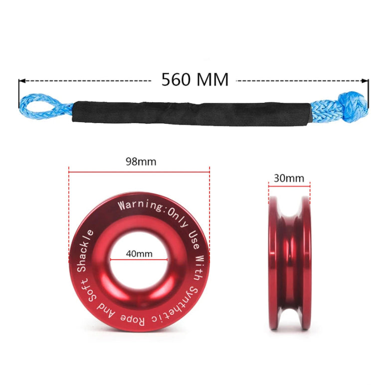 Dimension diagram of the soft shackle recovery kit showing rope length and recovery ring measurements in millimetres