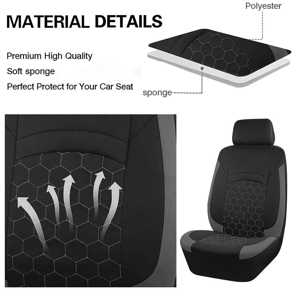 Material details graphic showing the polyester fabric and soft sponge padding of the Football Embroidery Seat Covers