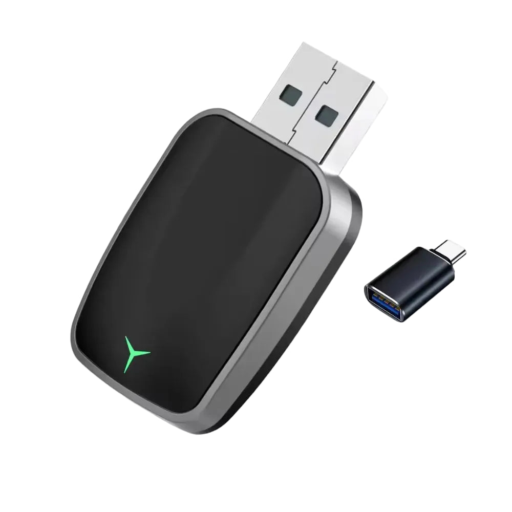 Slimline Wireless CarPlay Adapter in black with USB-A plug and included USB-C adapter on a white background