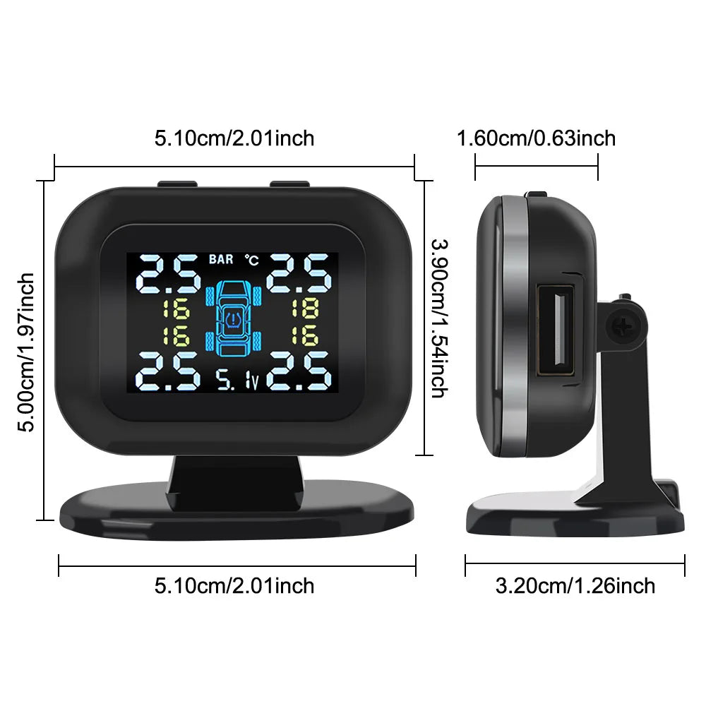 Compact USB Tyre Monitor dimensions: 5.1 cm wide, 5 cm high, 3.2 cm deep base, front and side views