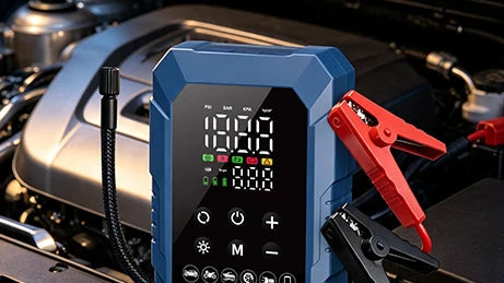 A promotional comparison graphic for a portable automotive battery charger. The left side, labeled 'ours', shows the charger in use with red clamps connected to a car battery, with feature callouts below.