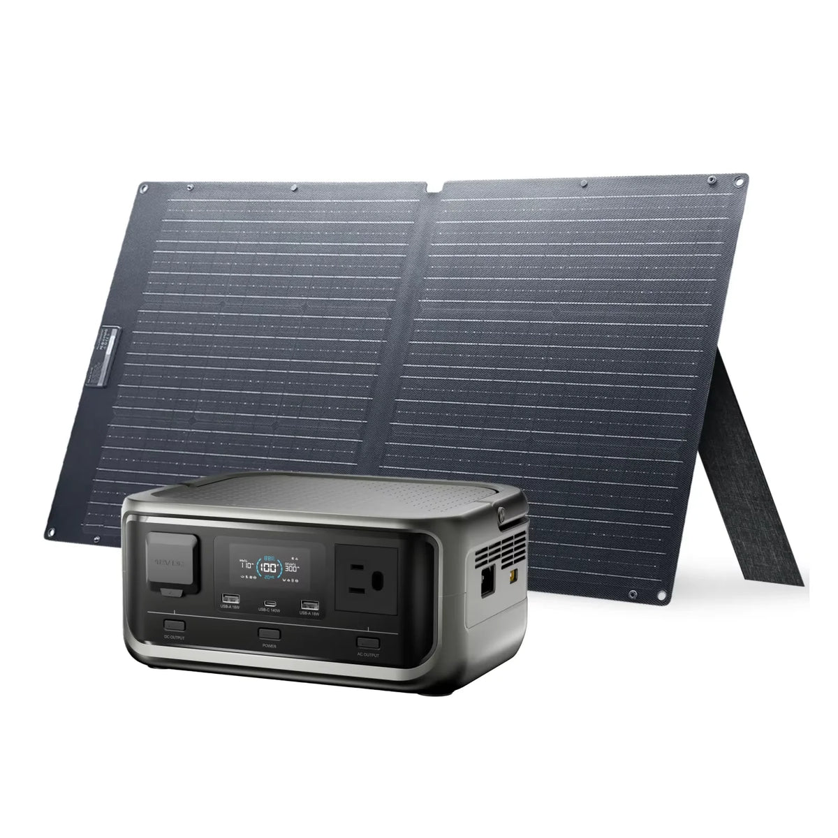 256Wh Solar Generator Kit with grey portable power station in front of a foldable solar panel on its kickstand, white background