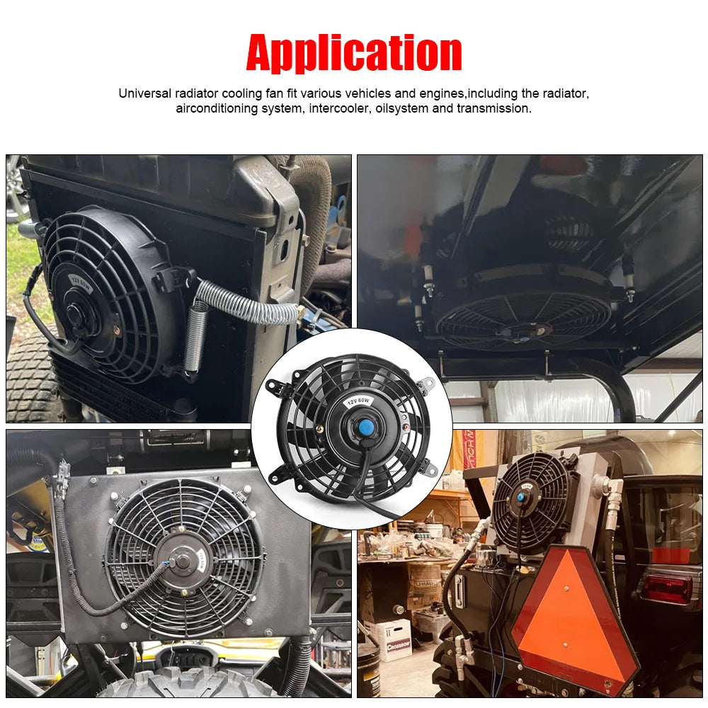 Universal Radiator Cooling Fan 12V 80W installed on a vehicle radiator, air conditioning condenser, oil cooler and UTV cooling system