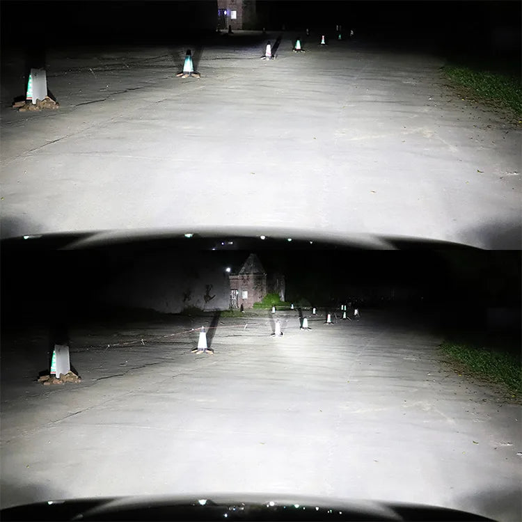 72W LED Work Light Pair beam comparison on a dark road at night, showing wide flood illumination ahead of a vehicle bonnet