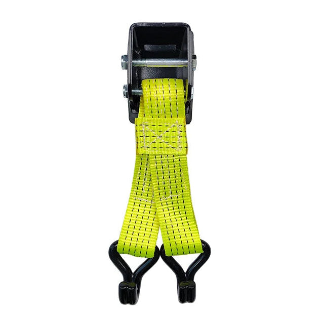 Yellow webbing wheel-lifting strap with black mounting bracket and dual hooks for a scissor jack