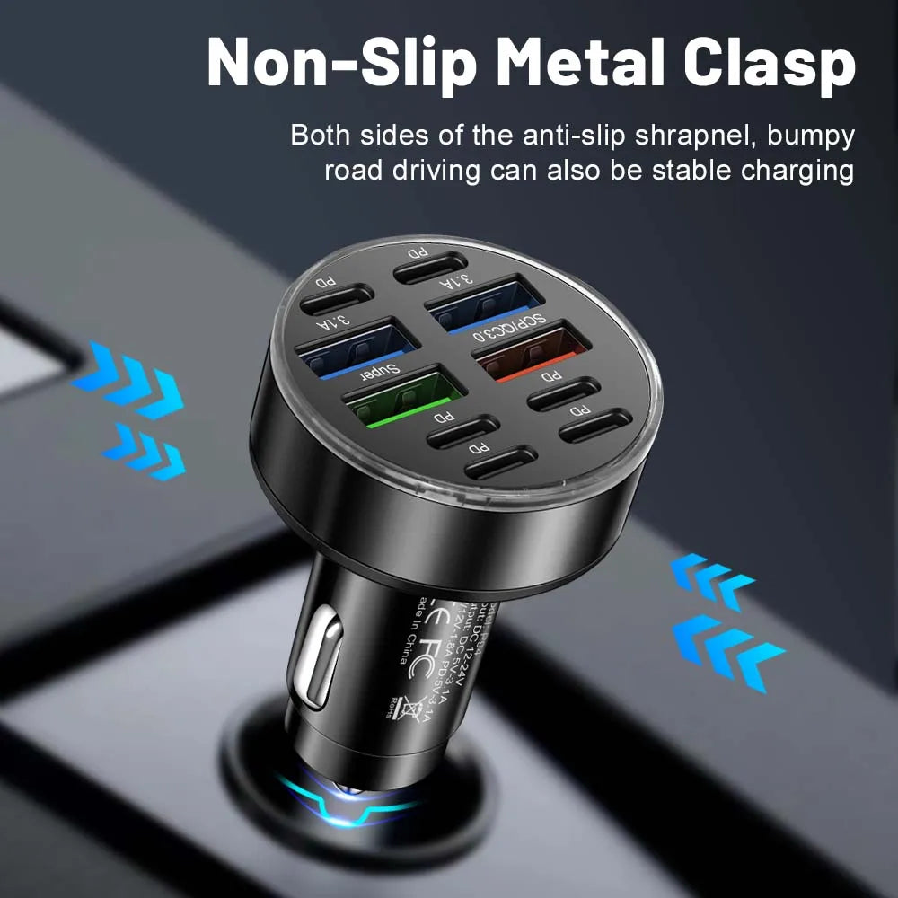 10-Port Fast Car Charger close-up of the non-slip metal clasp prongs for a secure socket fit