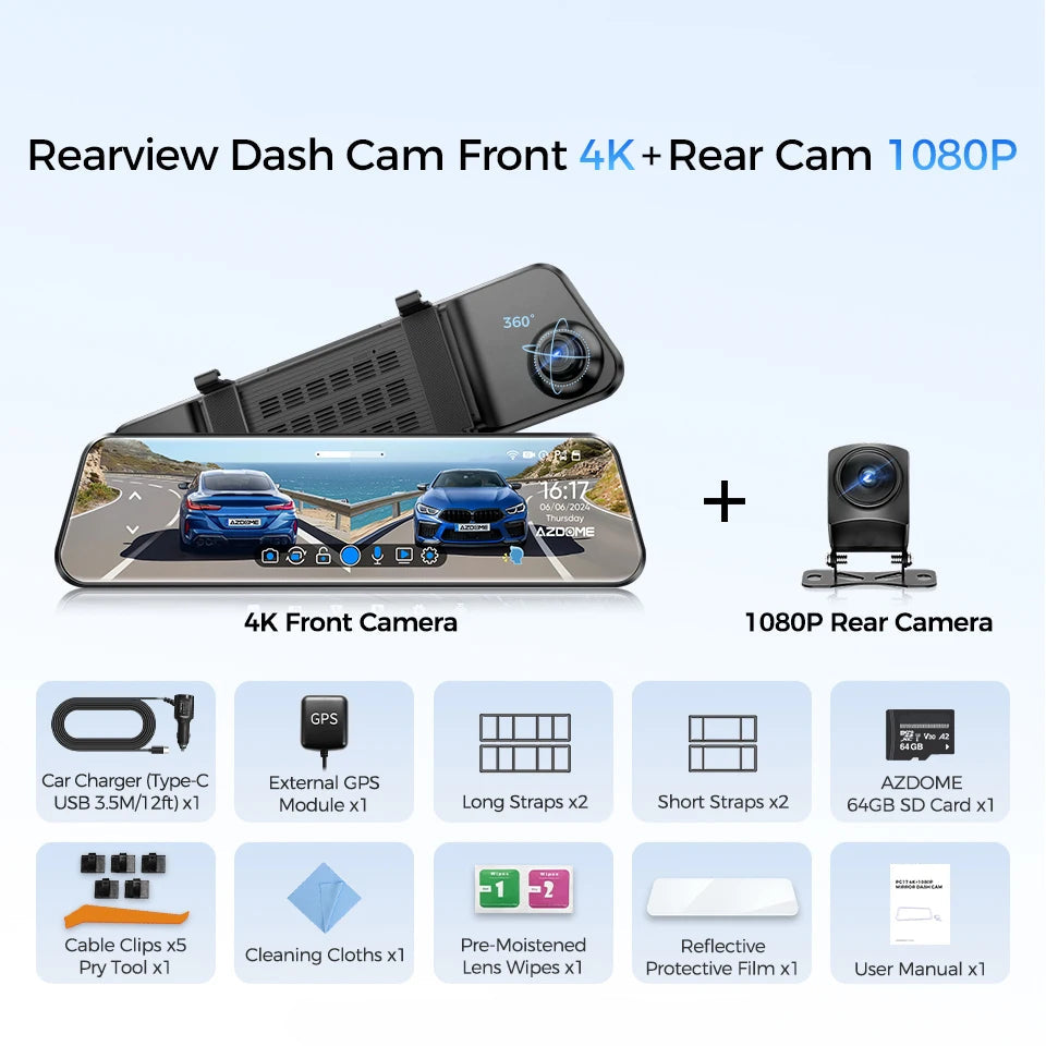 Voice-Control 4K Mirror Dash Cam package contents with 1080P rear camera, car charger, GPS module, mounting straps, SD card and accessories